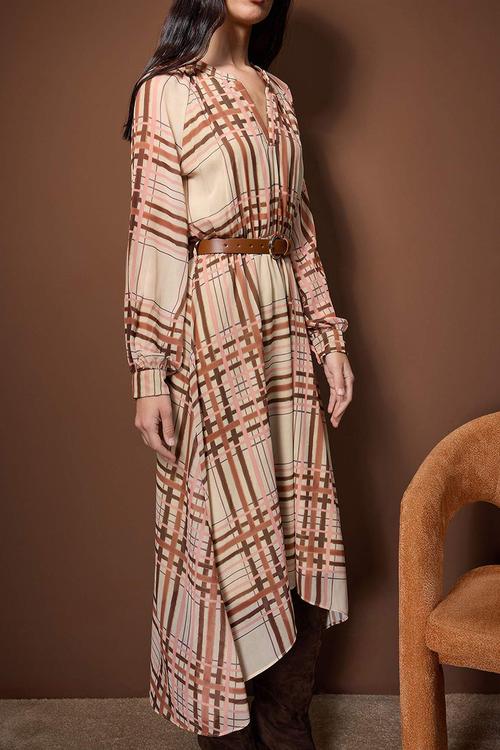 Belted Midi Lined Woven Dress - Multi-Colored