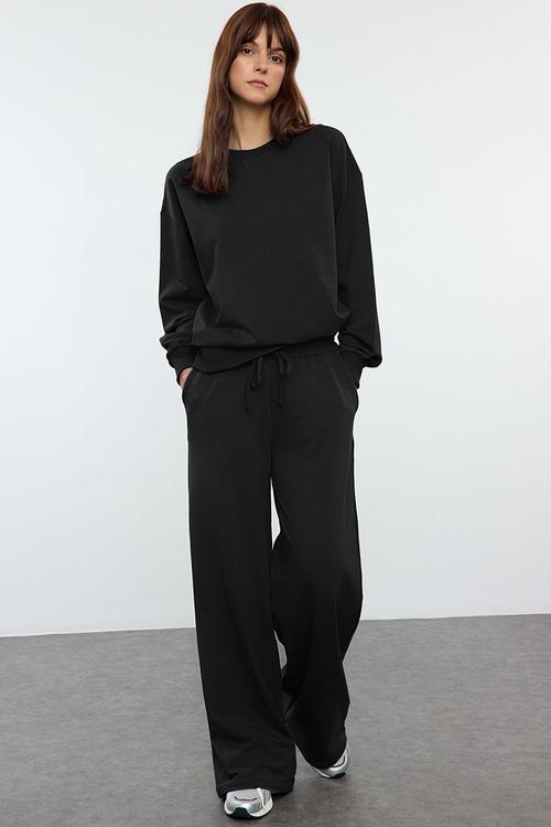 Knitted Sweatshirt and Wide Leg Tracksuit Set - Black