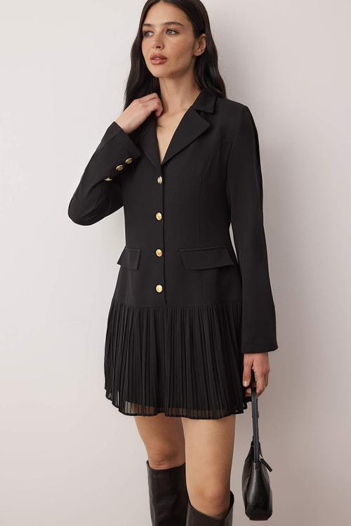 Pleated Mini Woven Jacket Dress - Black