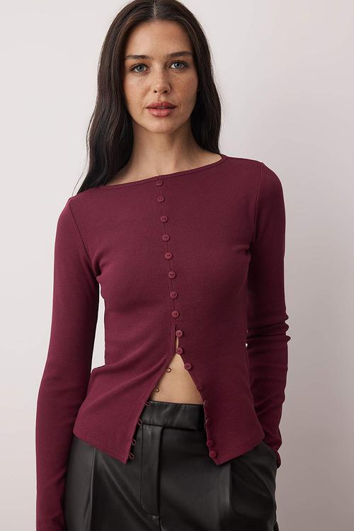 Button Detailed Crew Neck Ribbed Stretchy Regular Length Knitted Blouse - Plum