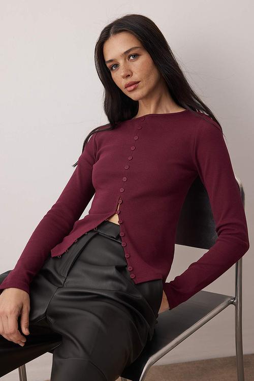 Button Detailed Crew Neck Ribbed Stretchy Regular Length Knitted Blouse - Plum