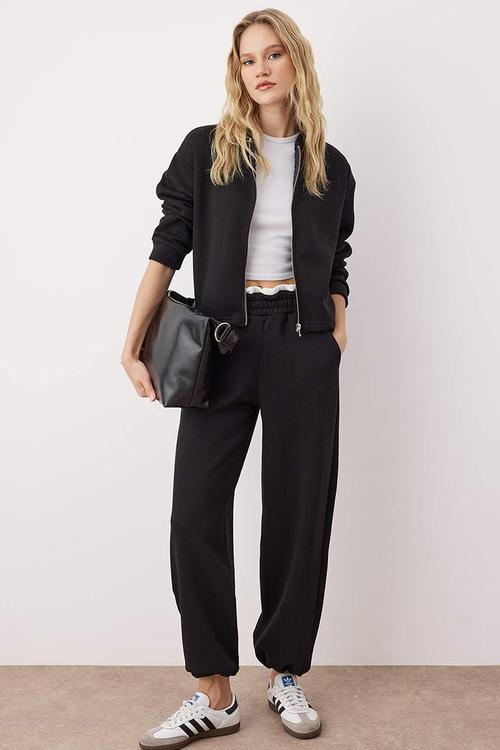 Waist Detailed Knitted Tracksuit Set - Black