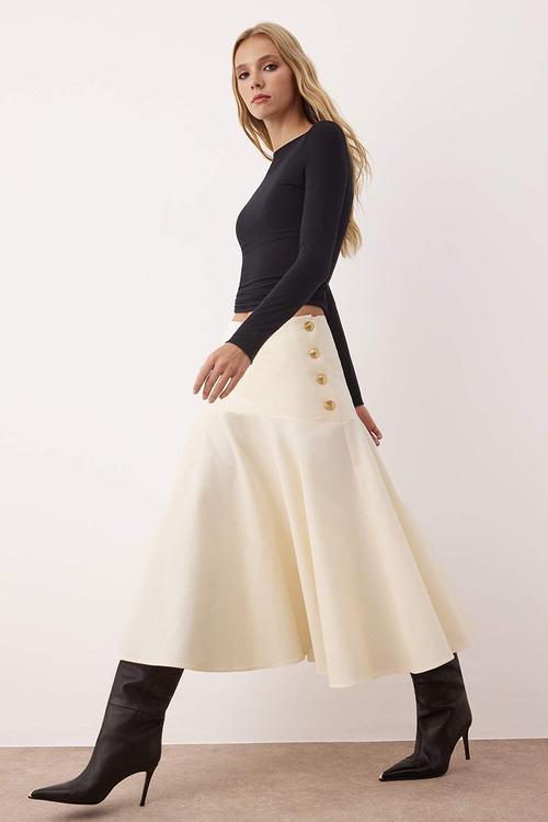Button Detailed Midi Flared Skirt - Stone