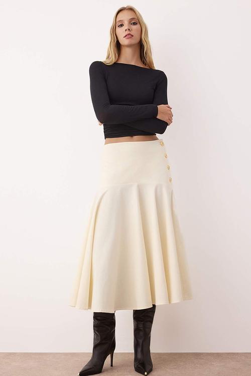Button Detailed Midi Flared Skirt - Stone