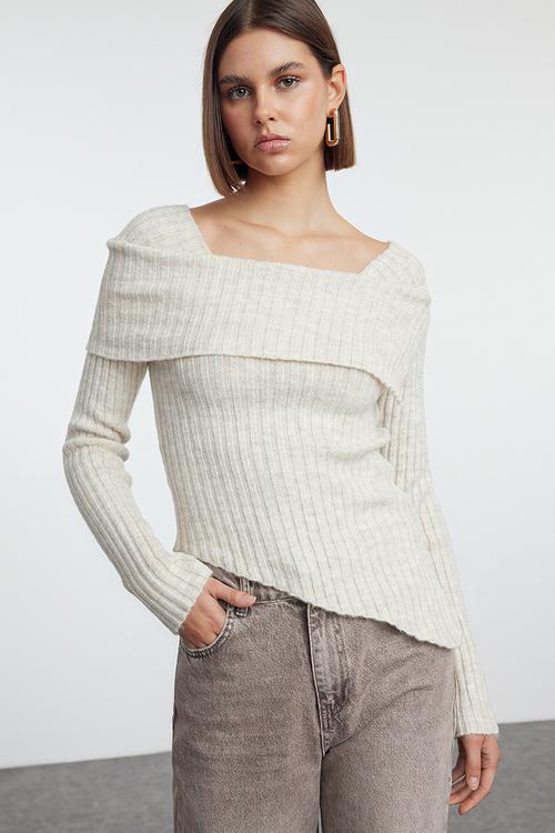 Soft Textured Collar Detail Hem Asymmetrical Fitted/Body Hugging Knitwear Sweater - Stone