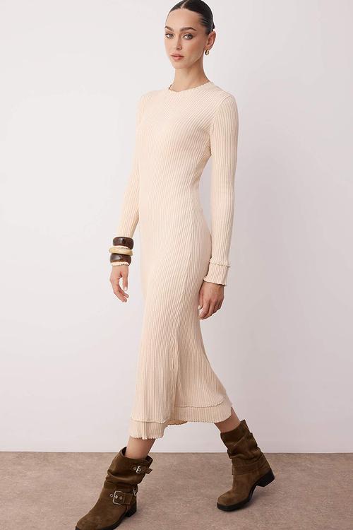 Maxi Ribbed Stand Collar Knitwear Dress - Powder