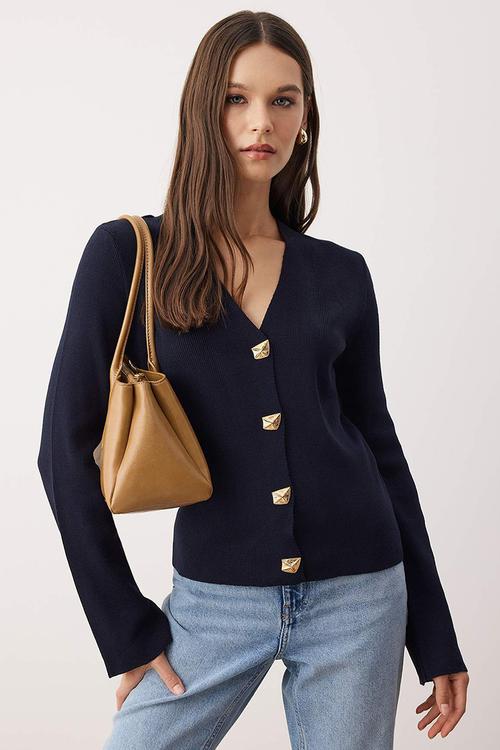 Button Detailed Plain Knitwear Cardigan - Navy Blue