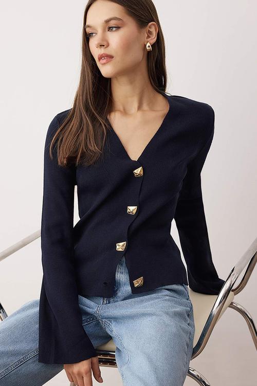 Button Detailed Plain Knitwear Cardigan - Navy Blue