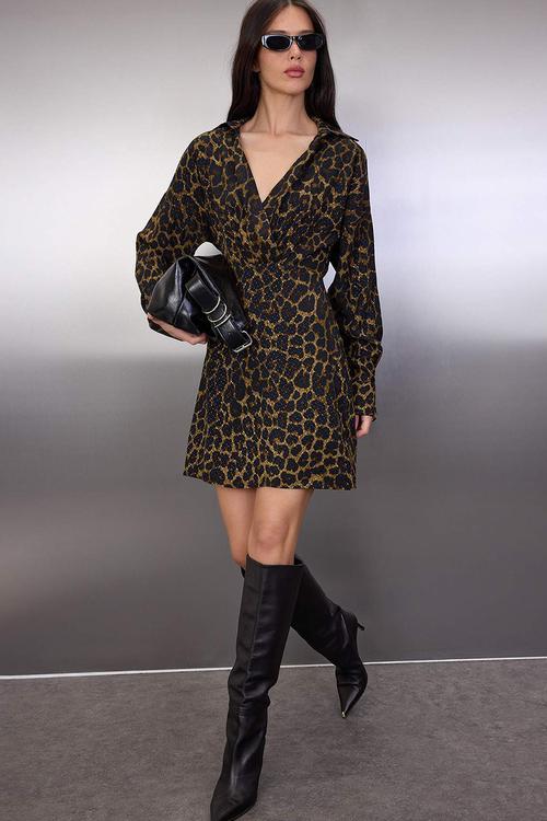 Animal Print Double Breasted Mini Woven Dress - Brown