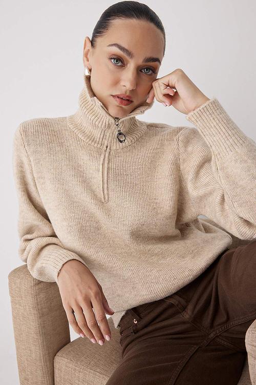 Wardrobe Essentials Wool Premium Yarn Zippered Basic Knitwear Sweater - Stone