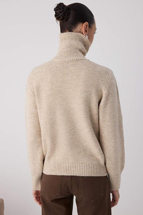 Wardrobe Essentials Wool Premium Yarn Zippered Basic Knitwear Sweater - Stone