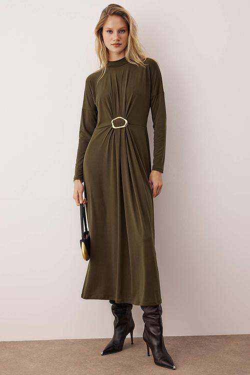 Sandy Knitted Dress with Buckle Detail at Waist - Khaki