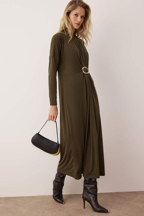 Sandy Knitted Dress with Buckle Detail at Waist - Khaki