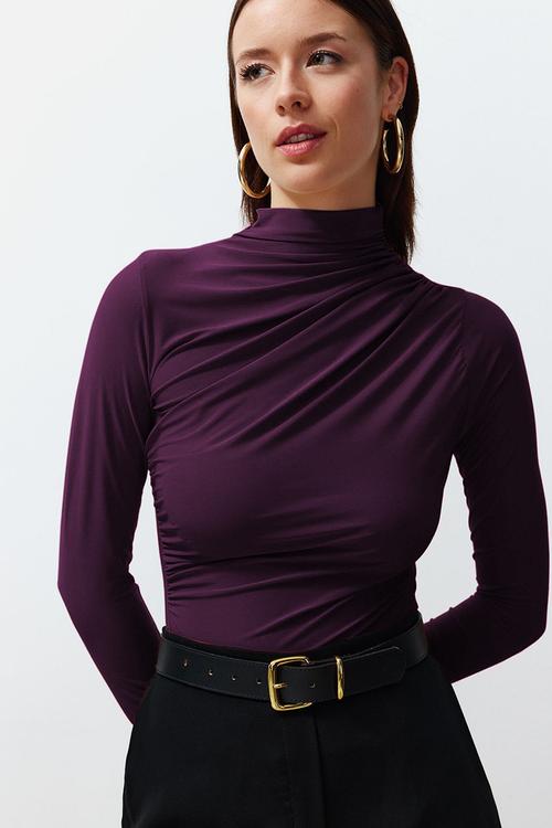 Square Collar Stretch Knitted Blouse - Drawstring, Fitted - Plum