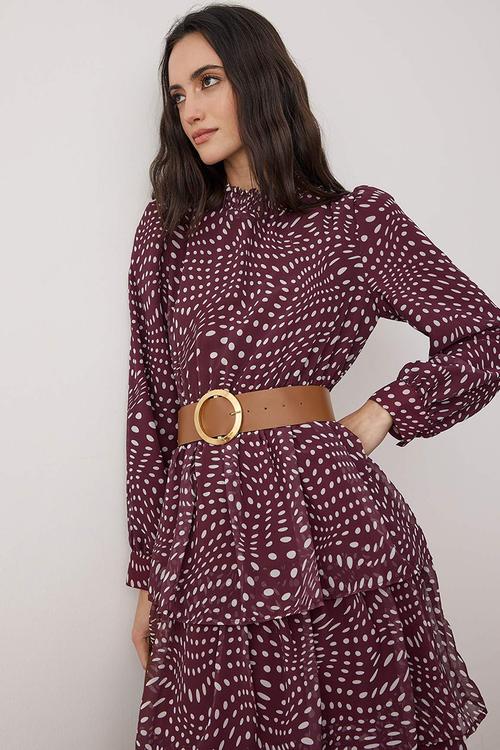 Belted Polka Dot Chiffon Dress - Burgundy