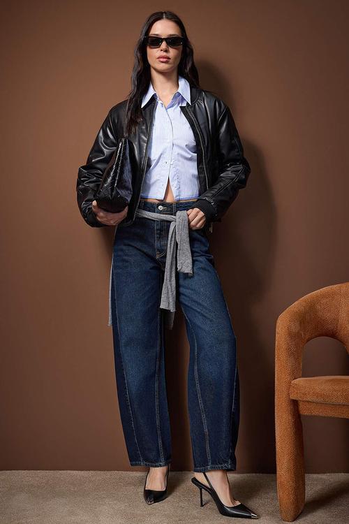 Stitching Detail High Waist Barrel Jeans - Dark Blue