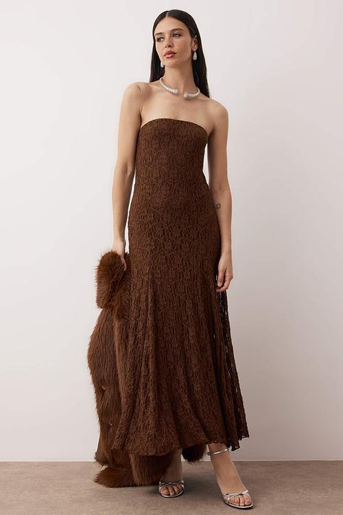 Straight Lace Strapless Midi Lined Dress - Brown