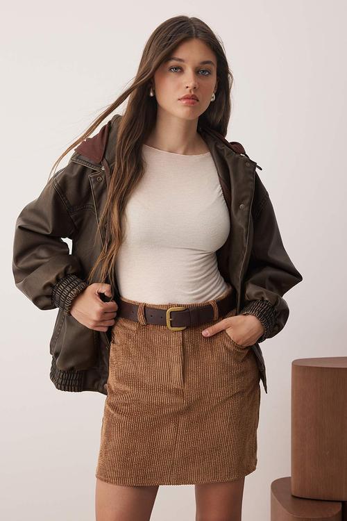Corduroy Mini Pencil Skirt - Brown