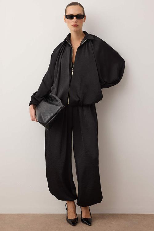 Satin Balloon Mold Pants Jacket Woven Bottom Top Set - Black