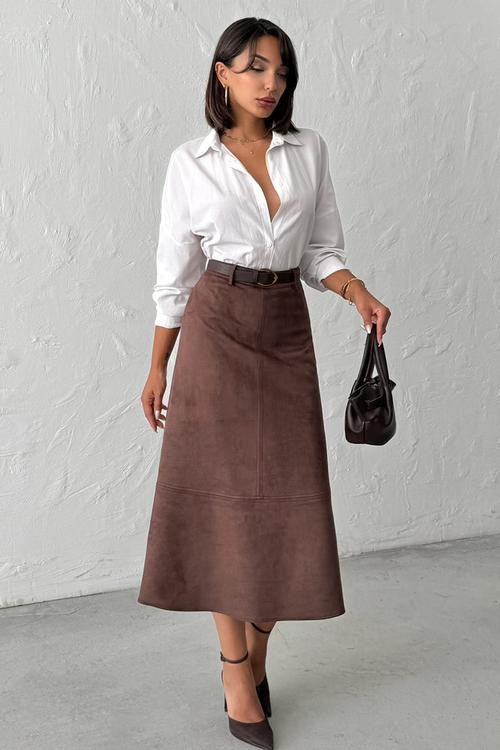 A-Line Midi Knitted Suede Skirt - Dark Brown