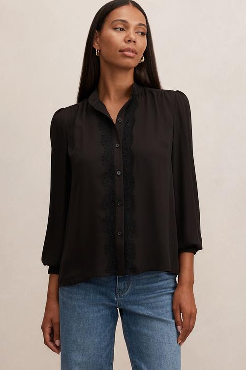 Poppy lace trim blouse in black