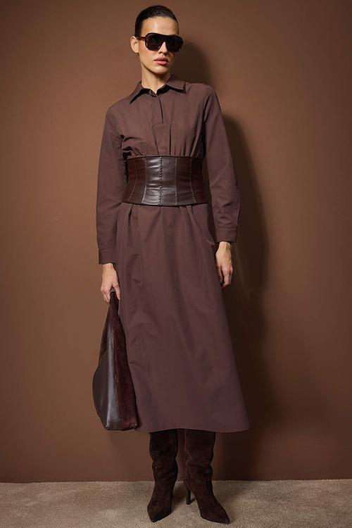 Leather Corset Belt Woven Dress - Brown