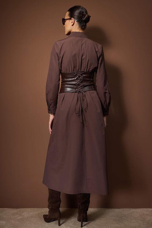 Leather Corset Belt Woven Dress - Brown