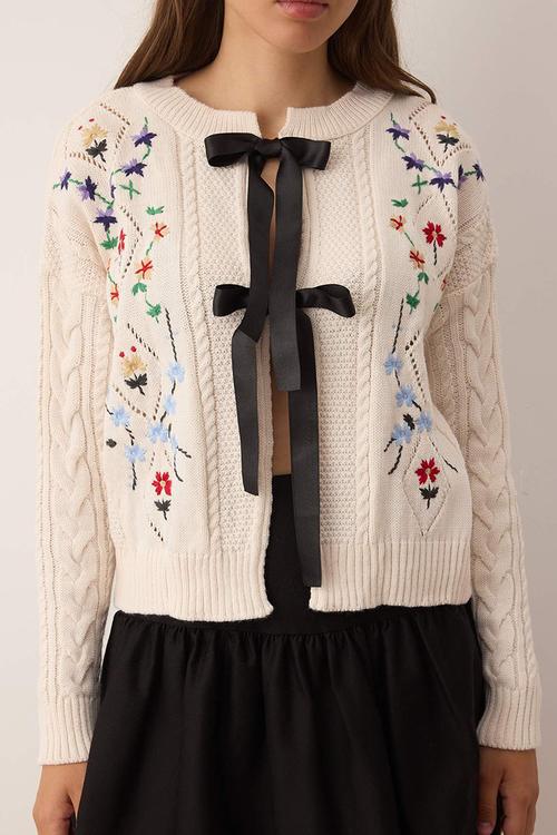 Ribbon Flower Embroidered Knitwear Cardigan - Stone
