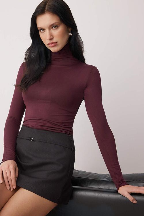 Transparent Stand Collar Flexible Regular Length Knitted Blouse - Plum