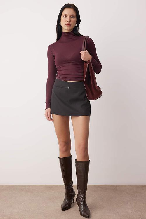 Transparent Stand Collar Flexible Regular Length Knitted Blouse - Plum
