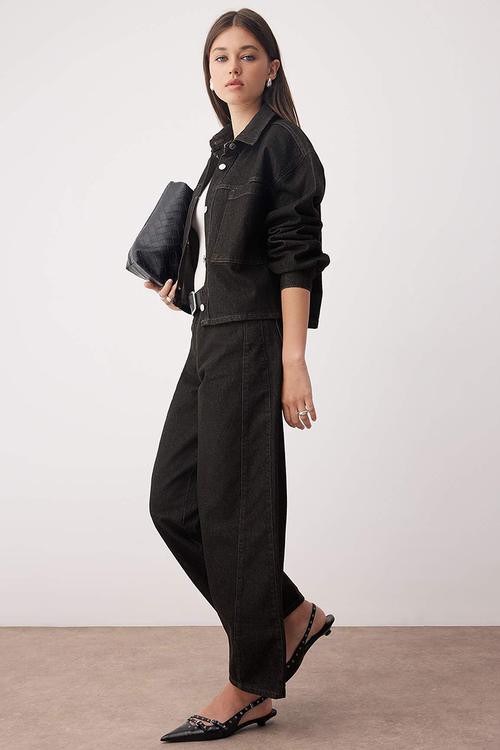Stitching Detail Baggy Wide Fit Jeans - Black