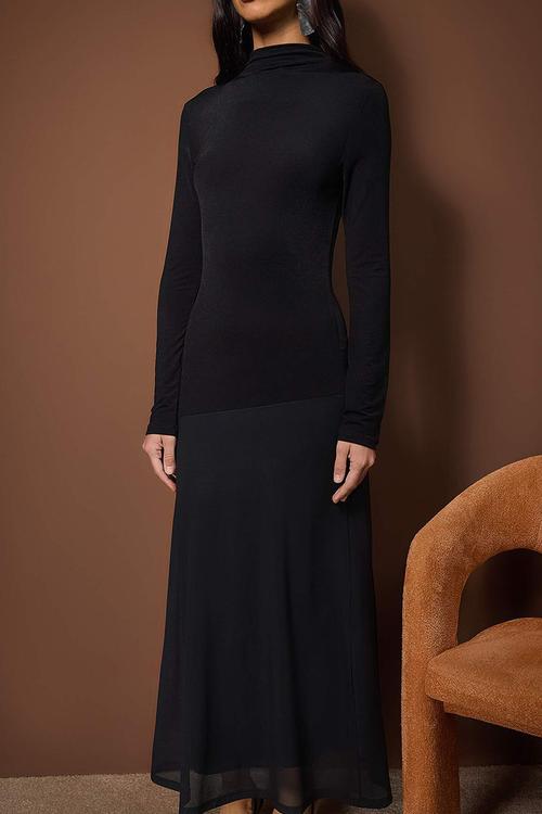 Midi Long Sleeve Knitted Dress - Black