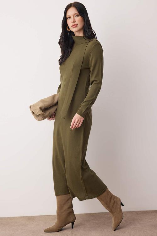 Scarf Detailed Knitwear Dress - Khaki