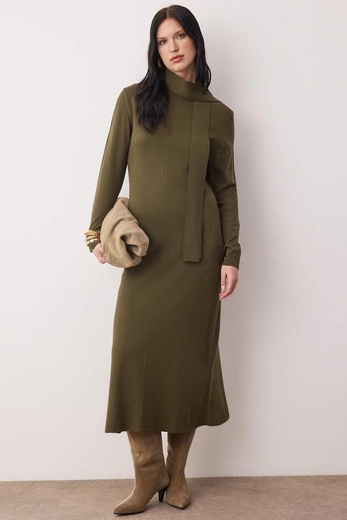 Scarf Detailed Knitwear Dress - Khaki
