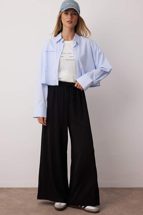 Wide Leg Woven Trousers - Black