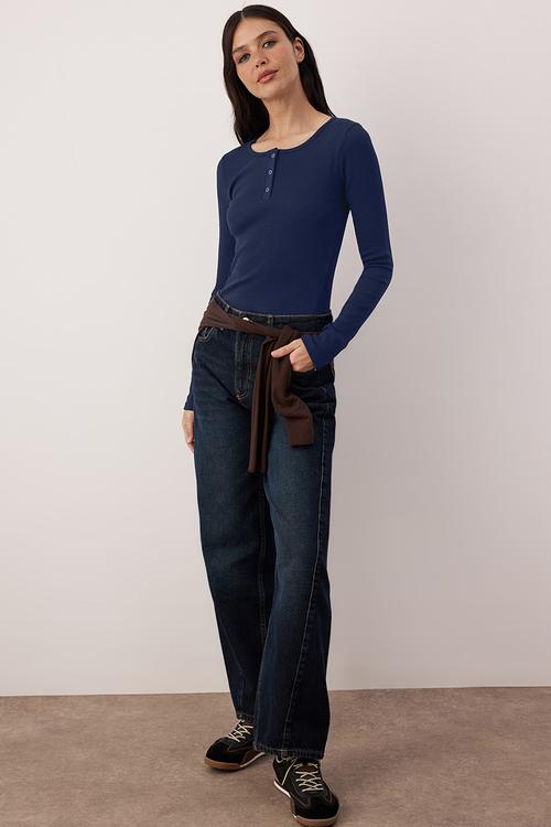 Snap Fastener Fitted/Bodycon Corded Fabric Stretchy Knitted Blouse - Navy Blue