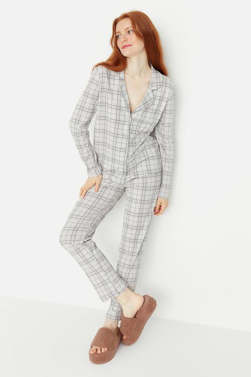 Plaid Knitted Pajamas Set - Gray