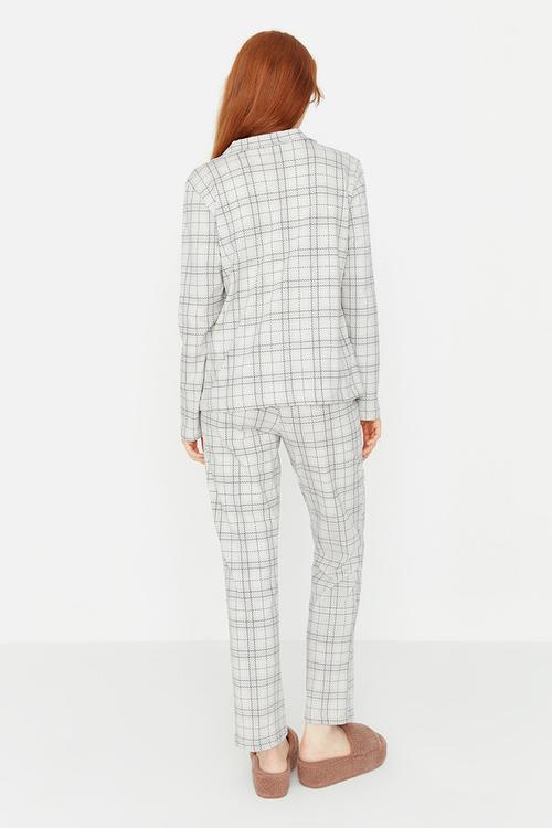 Plaid Knitted Pajamas Set - Gray