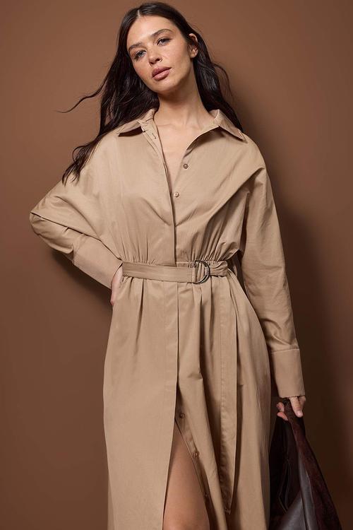 Belted Midi Woven Dress - Mink