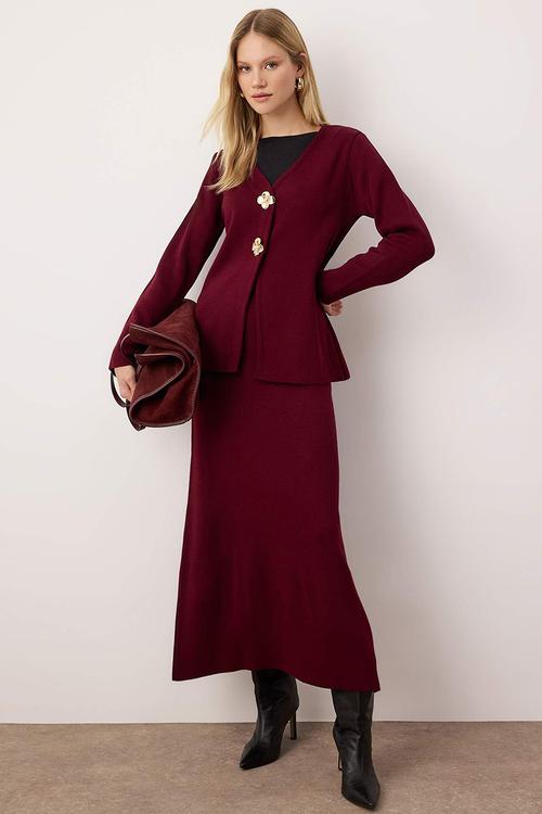 Gold Buttoned Knitwear Skirt Suit - Plum