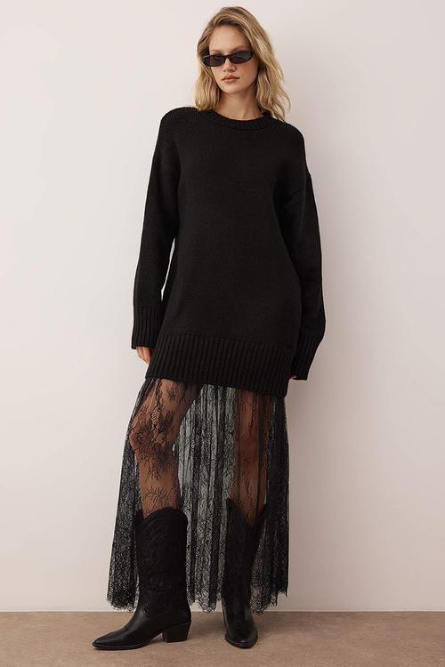Plain Maxi Crew Neck Lace Hem Knitwear Dress - Black