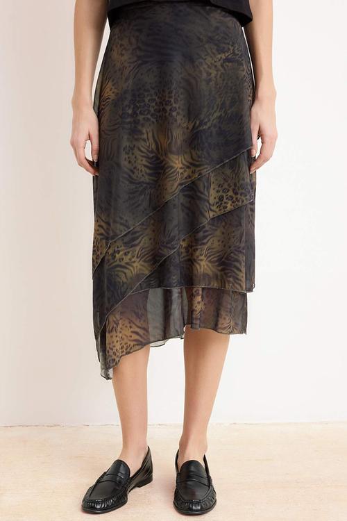 Ruffled Abstract Pattern Knitted Skirt - Khaki