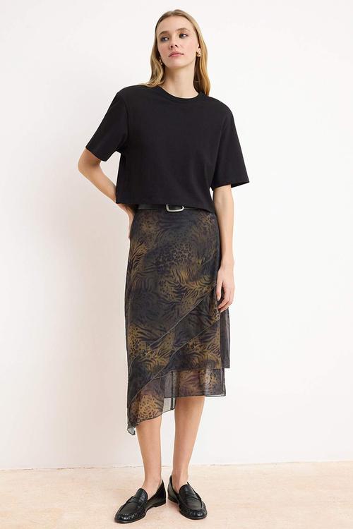 Ruffled Abstract Pattern Knitted Skirt - Khaki