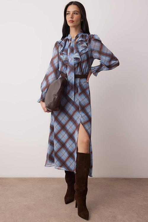 Plaid Lined Woven Dress with Tie Detail - Multi-Colored