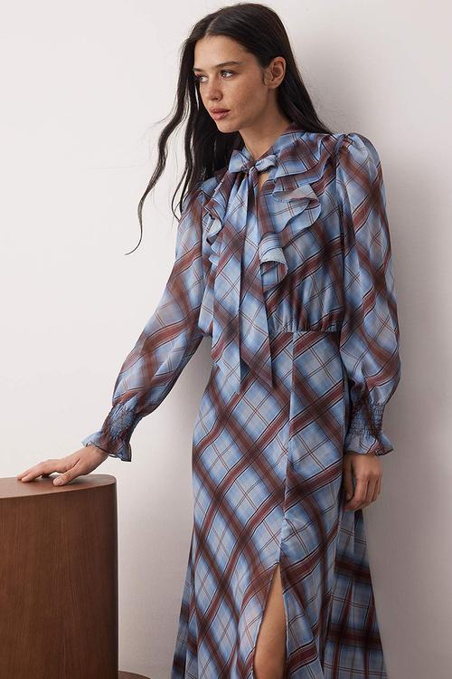 Plaid Lined Woven Dress with Tie Detail - Multi-Colored