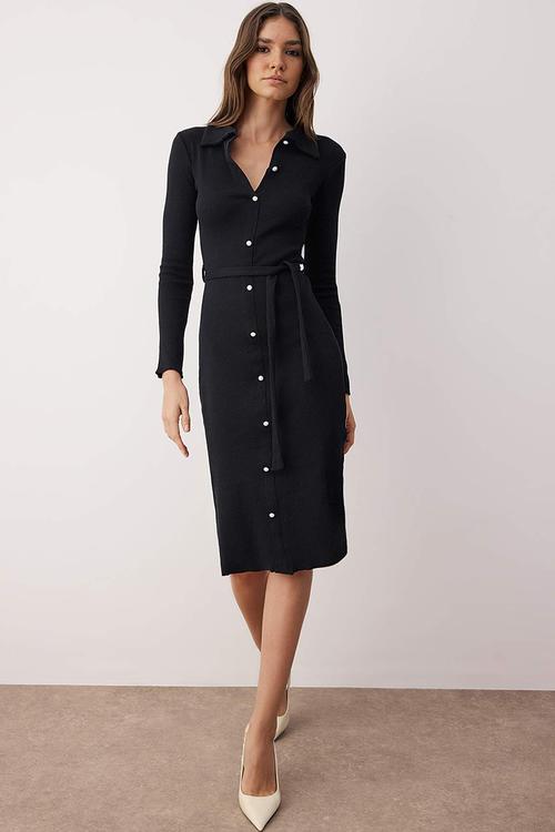Fitted Long Sleeve Polo Neck Ribbed Buttoned Stretchy Midi Knitted Dress - Black