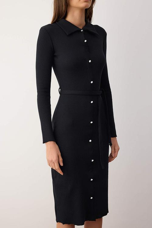 Fitted Long Sleeve Polo Neck Ribbed Buttoned Stretchy Midi Knitted Dress - Black