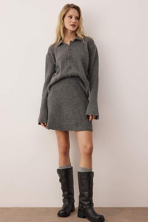 2-Piece Cardigan-Skirt Knitwear Bottom Top Set - Anthracite