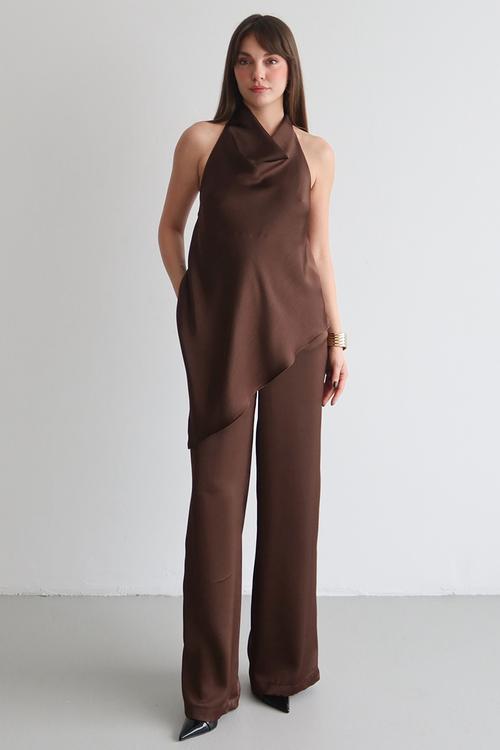 Satin Blouse Pants Party Bottom-Top Set - Brown