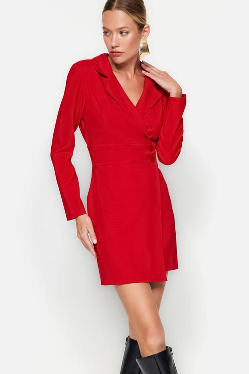 Button Detailed Mini Woven Jacket Dress - Red